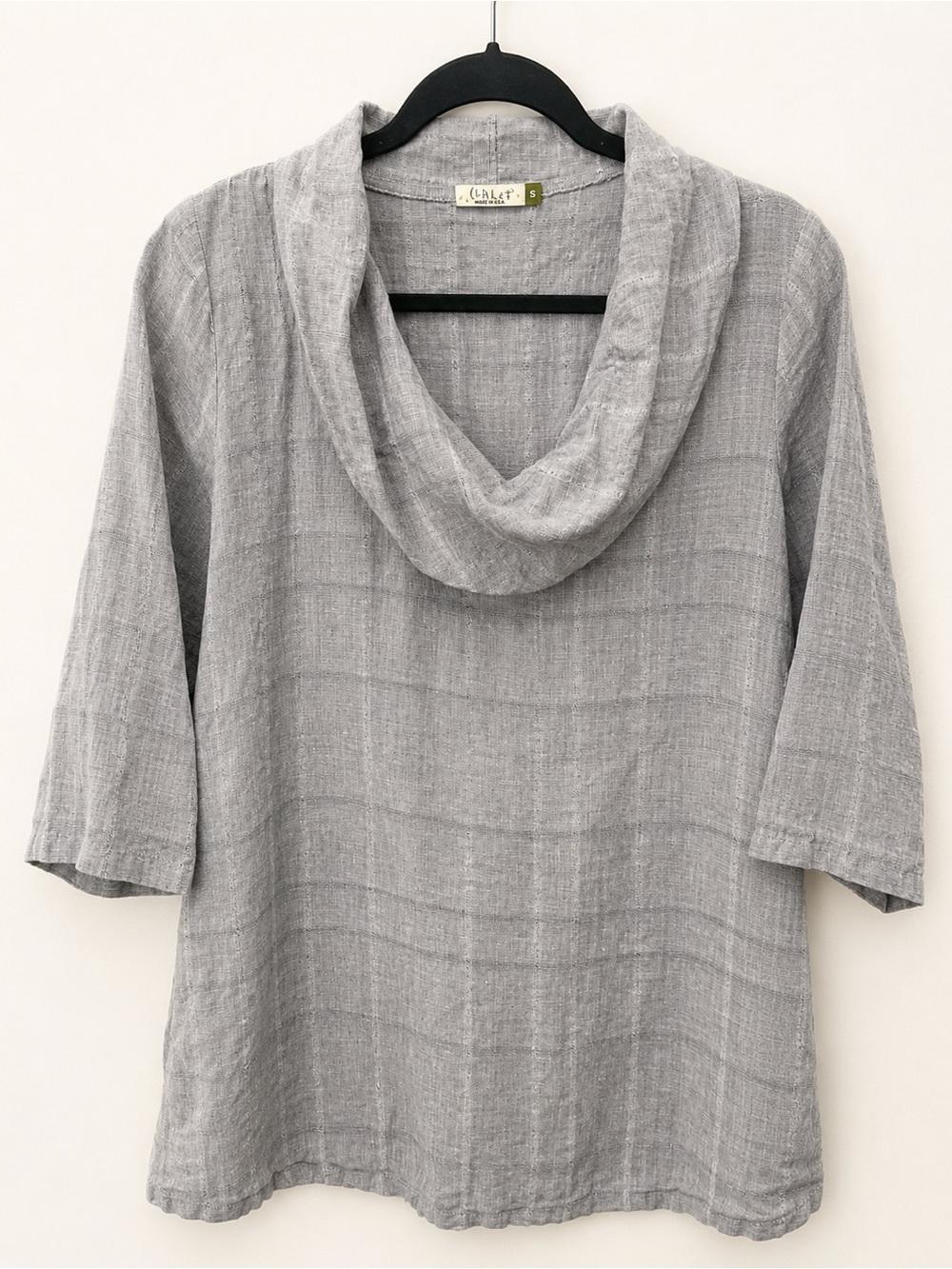 100% Linen Made in USA Cowl Neck Tunic Top Gray 3/4 Sleeve Small Chalet